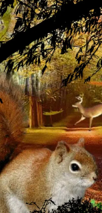 Woodland scene with squirrel and deer, brown tones dominating.