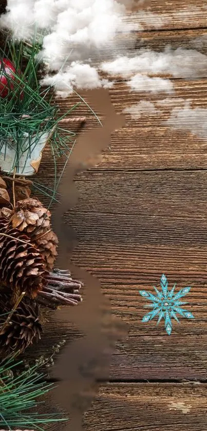 Winter holiday wallpaper with wood, pine cones, and festive decor.