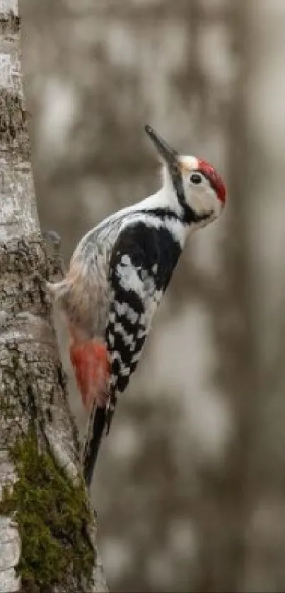 Woodpecker perched on a birch tree trunk.