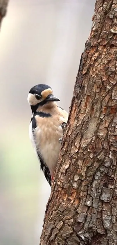 Woodpecker perched on a textured tree trunk, amid a natural setting.