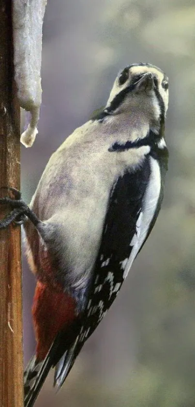 Woodpecker perched on a tree in a serene nature setting.