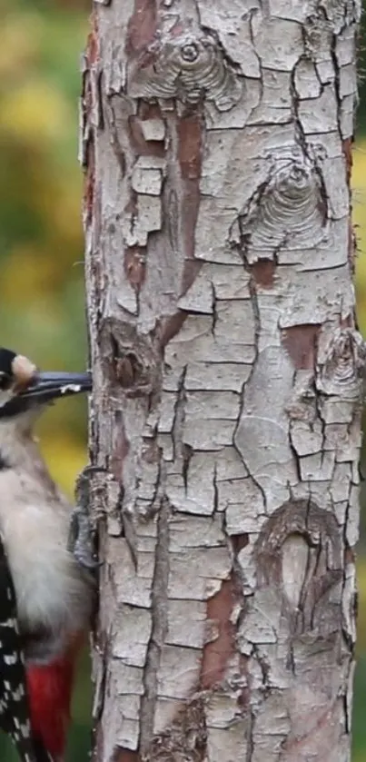 Woodpecker perched on a tree trunk with a blurred green background.