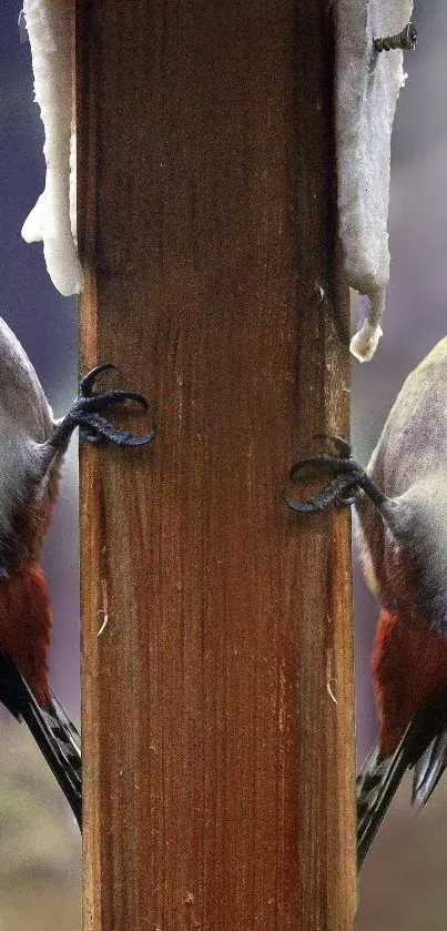 Two woodpeckers on a wooden post in a forest setting.