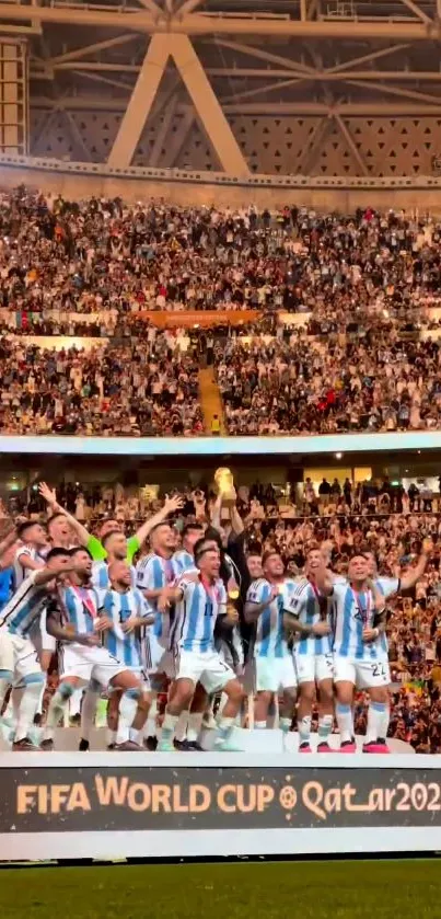 Argentina team celebrates World Cup win in stadium, vibrant atmosphere.