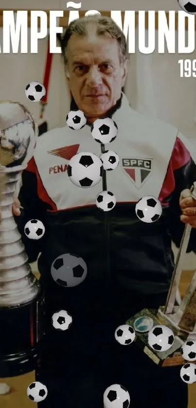 Football world champion 1992 holding trophies with soccer balls overlay.