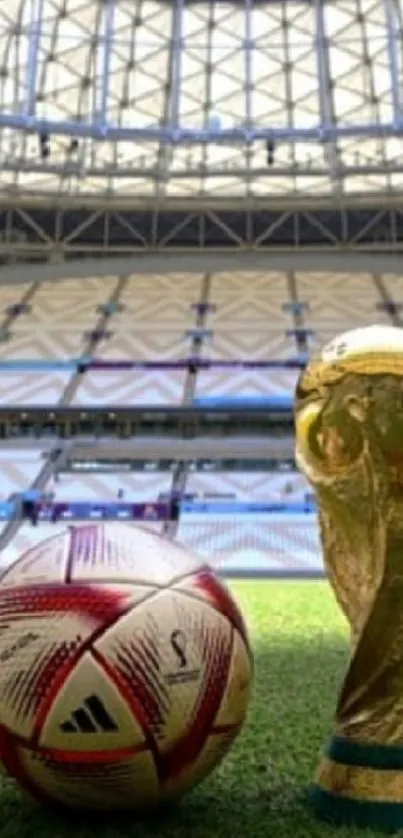 World Cup trophy and football in a stadium setting wallpaper.