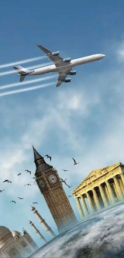 Airplane soaring above iconic landmarks with a blue sky backdrop.