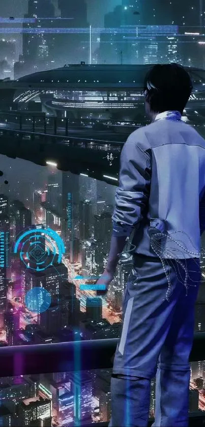 Futuristic cityscape with neon lights and a figure overlooking the skyline.