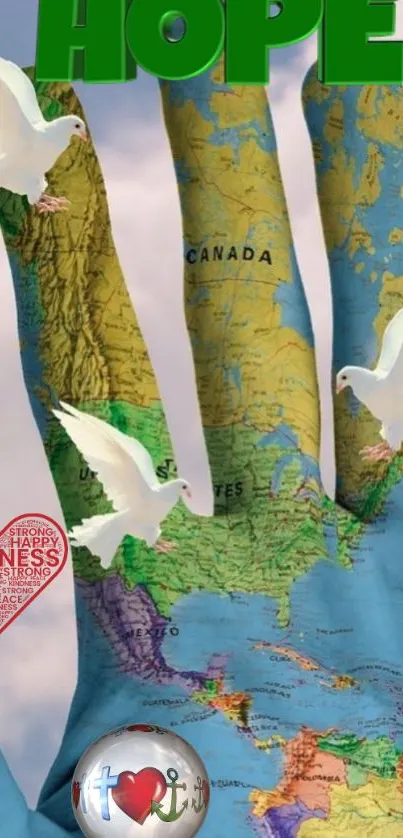 Hand-shaped world map with doves and the word 'hope' in vivid colors.