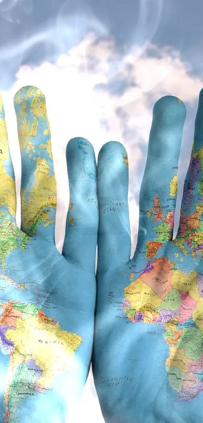 World map painted on hands against a cloudy sky.