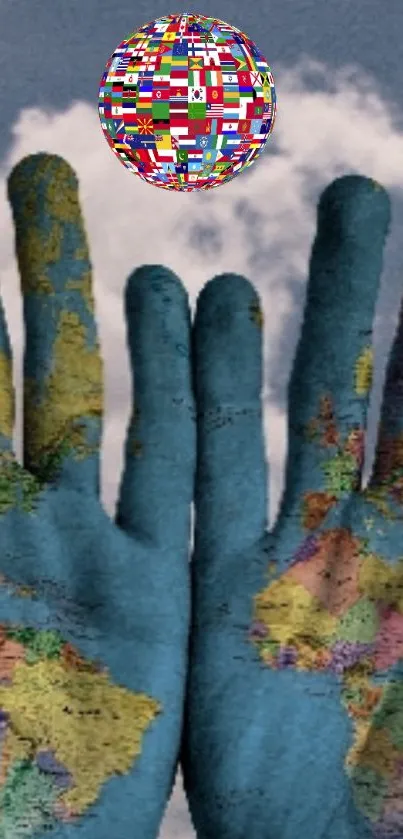 Artistic world map on hands with a globe in a cloudy sky.