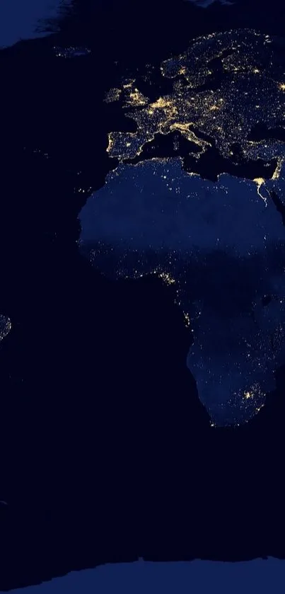 World map showing night lights from a satellite perspective over dark blue oceans.