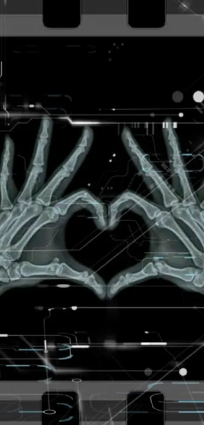 X-ray image of hands forming a heart shape on a digital background.