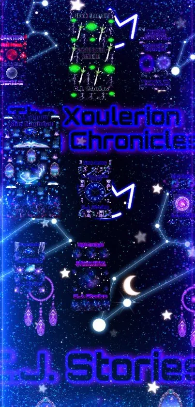 Cosmic galaxy wallpaper with Xoulerion Chronicles theme, stars, and dreamcatcher motifs.