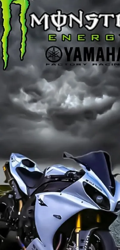 Yamaha Monster Energy motorcycle under stormy sky.