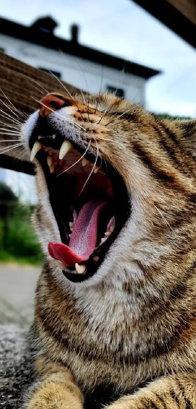 Close-up of a yawning tabby cat with wide-open mouth.