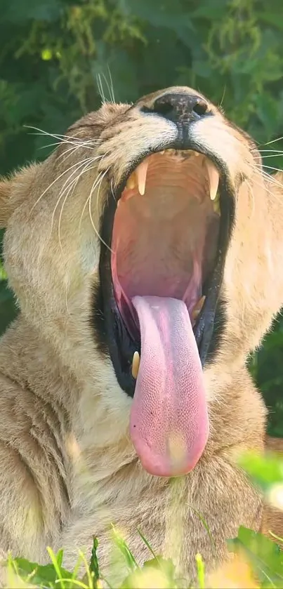 Yawning lioness in natural habitat background.