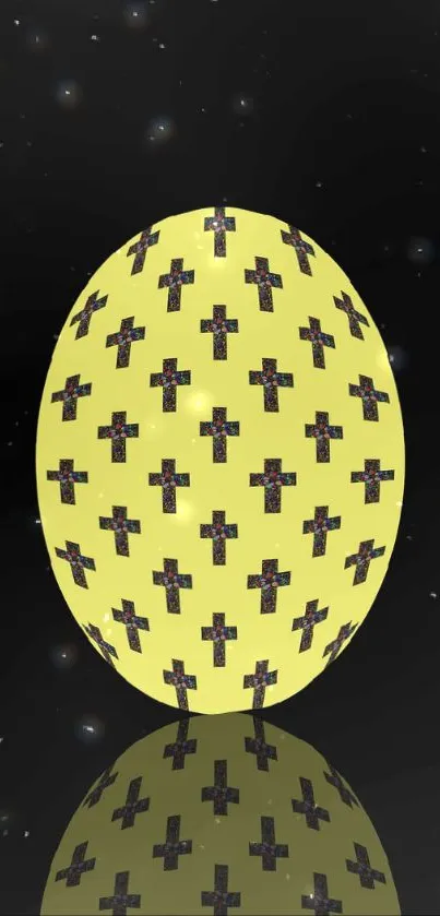 Yellow sphere with cross pattern against cosmic background.