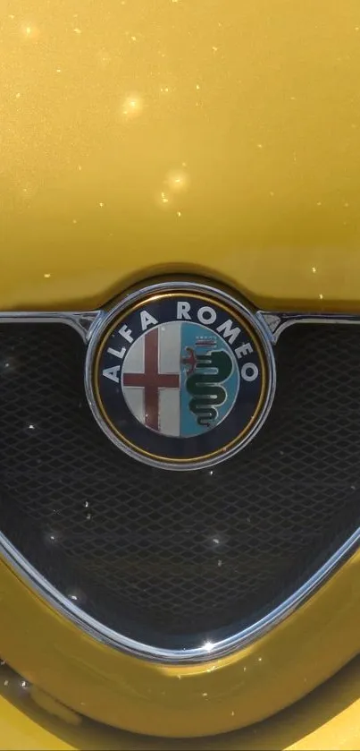 Close-up of yellow Alfa Romeo car emblem with stylish design.