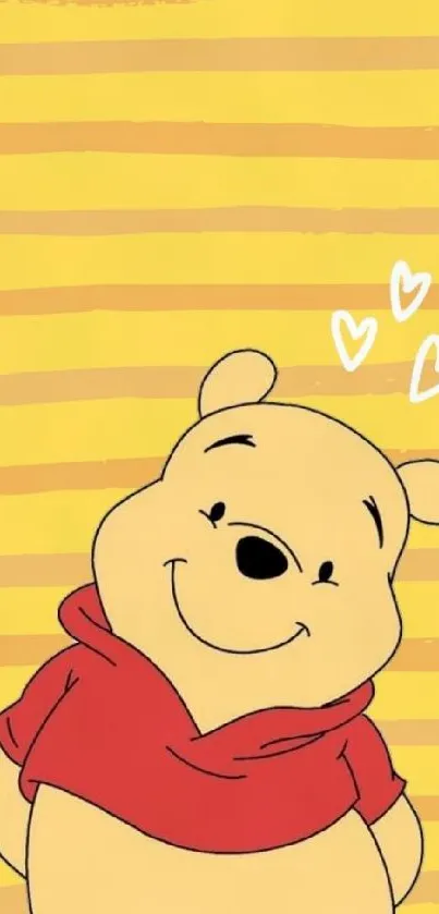 Yellow bear cartoon with red shirt on a striped yellow background.