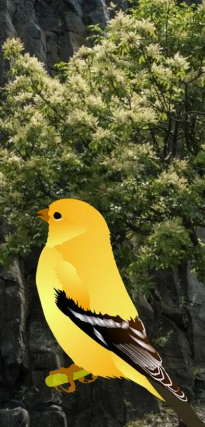 Yellow bird perched in lush green scenery with trees.