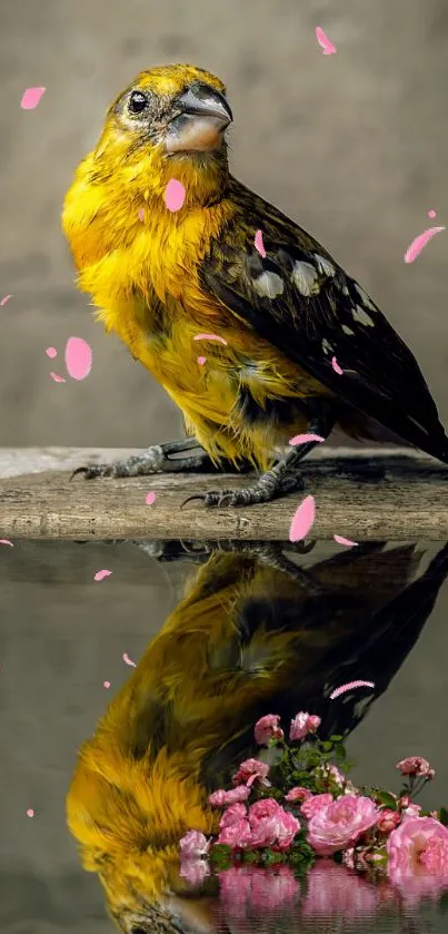 Yellow bird among pink petals on a serene watery backdrop.