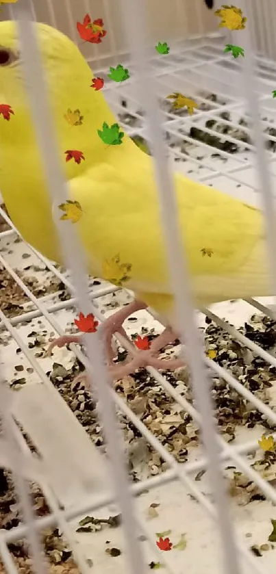 Yellow budgie in cage with colorful leaves.