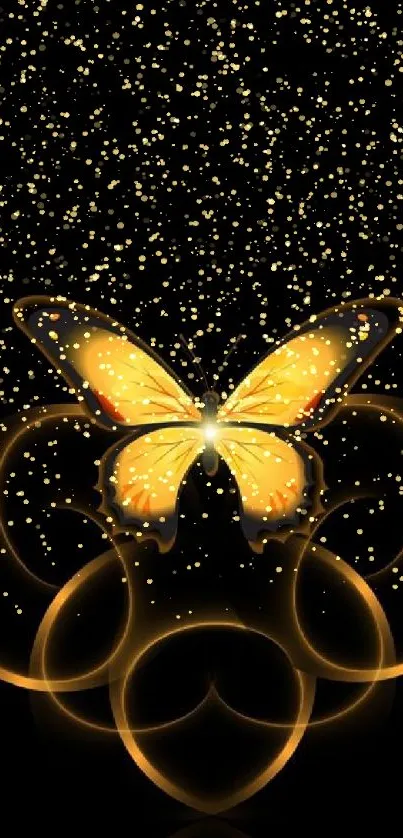 Yellow butterfly on dark glowing abstract background.