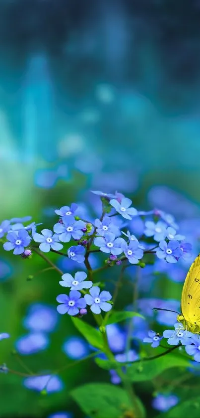 Yellow butterfly on blue flowers with turquoise background.