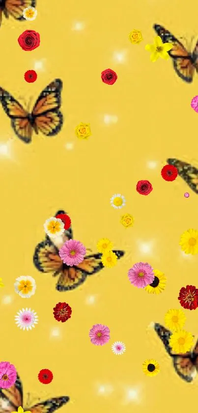 Yellow wallpaper with orange butterflies.