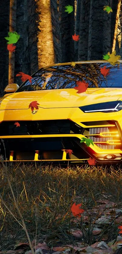 Yellow luxury car in a scenic forest setting with autumn leaves.