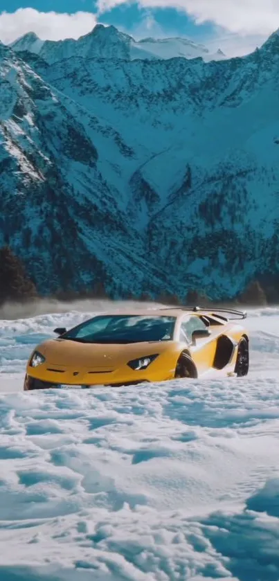 Yellow sports car in snowy mountain landscape scene.