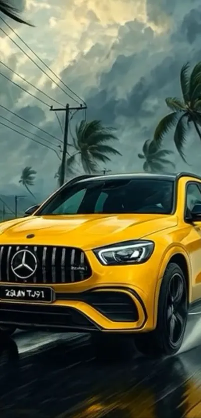 Yellow car driving through a tropical storm with palm trees.