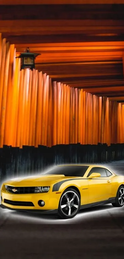 Yellow car in a vibrant orange tunnel; sleek mobile wallpaper.