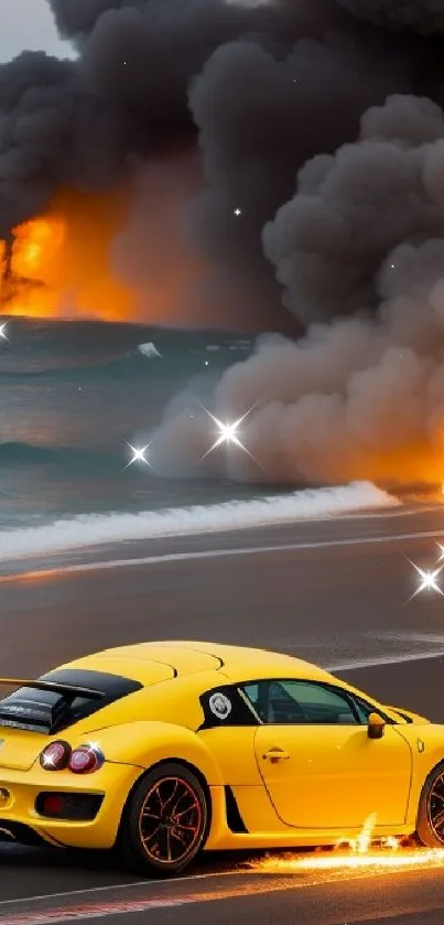 Yellow car speeding on a fiery beach with dramatic flames.