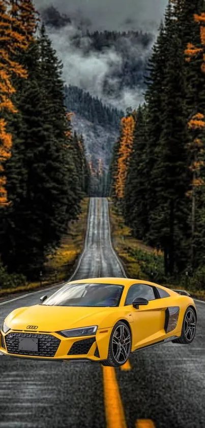 Yellow sports car on an autumn forest road.