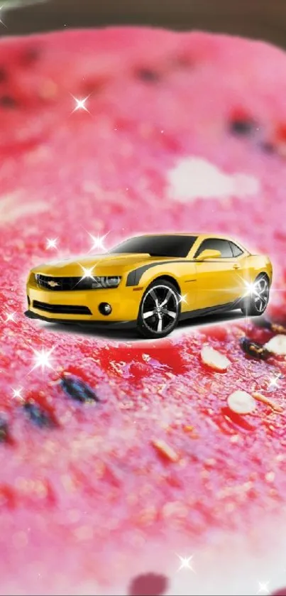 Yellow car on sparkling pink backdrop mobile wallpaper.