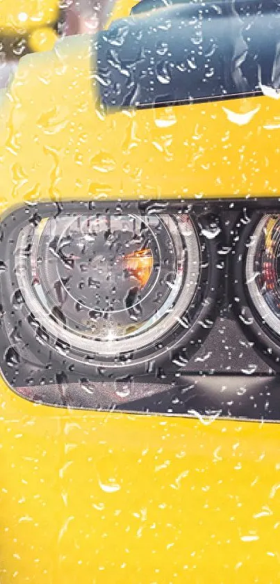 Yellow car with raindrops on headlight close-up.