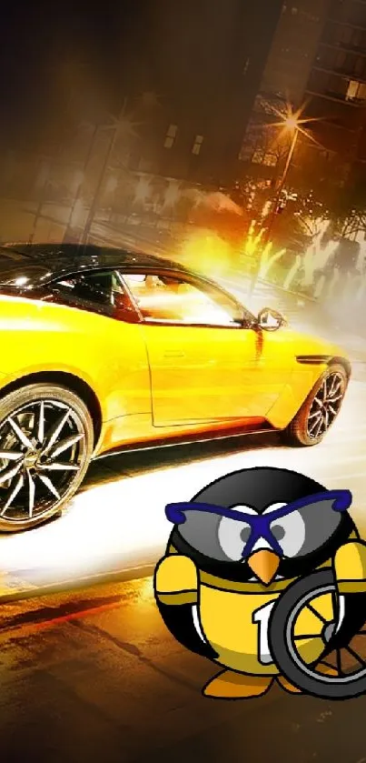 Yellow sports car speeding in a dynamic city scene.