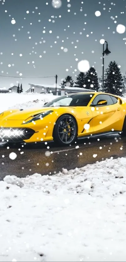 Yellow sports car on a snowy road in winter scenery.