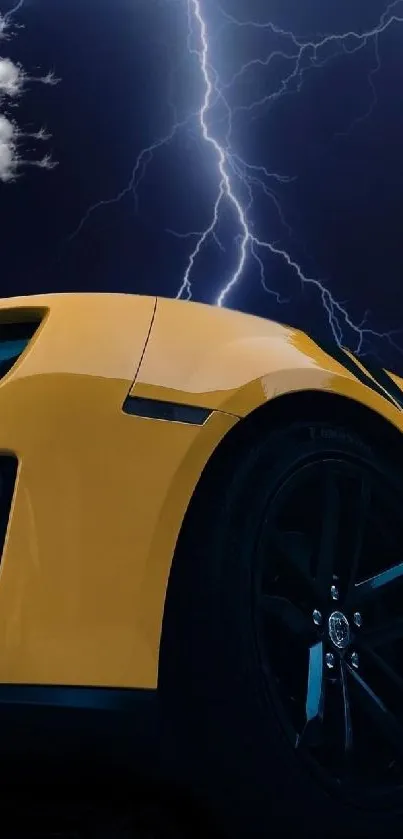 Yellow sports car with lightning in the night sky wallpaper