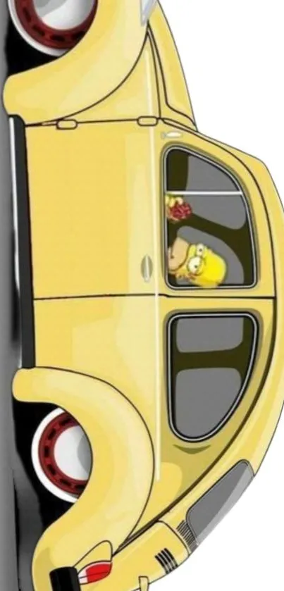 Yellow cartoon car with character inside on white background.