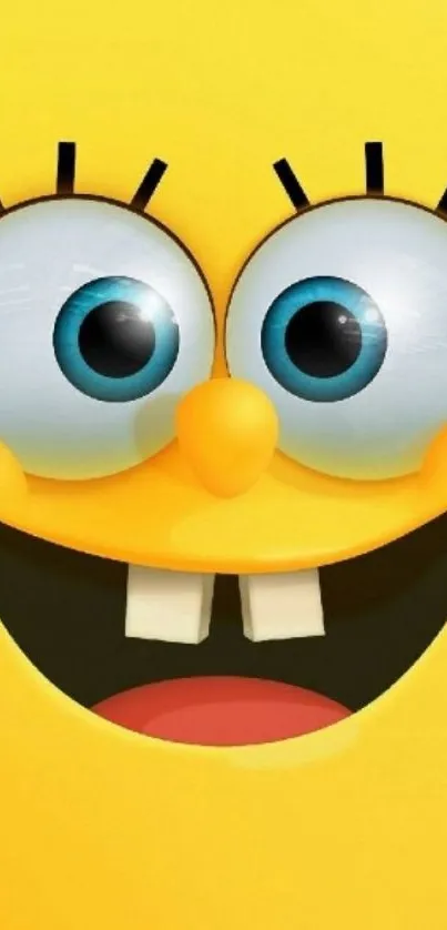 Yellow cartoon character with big blue eyes and a wide smile.