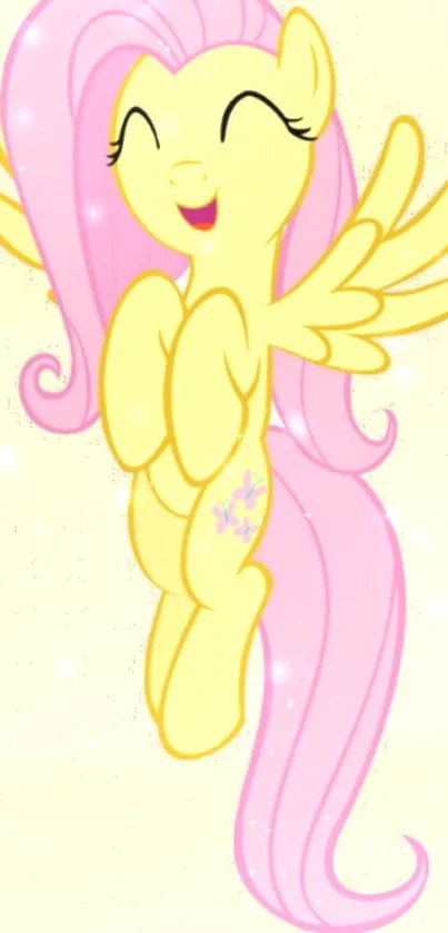 A cheerful yellow cartoon pegasus with pink mane on a mobile wallpaper.