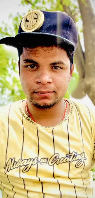 Casual portrait of a person outdoors in yellow shirt with cap.