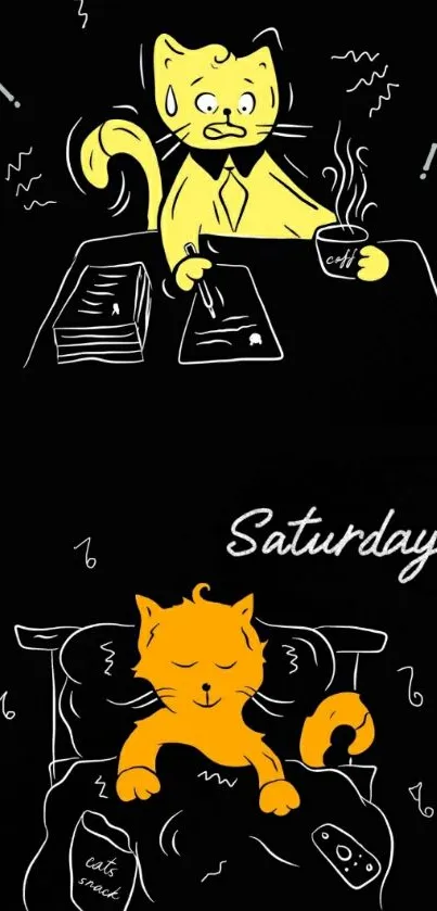 Yellow cat displays Monday and Saturday moods on a black background.