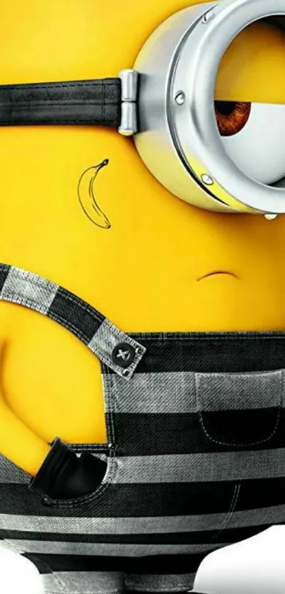 Yellow cartoon character with striped black overalls.