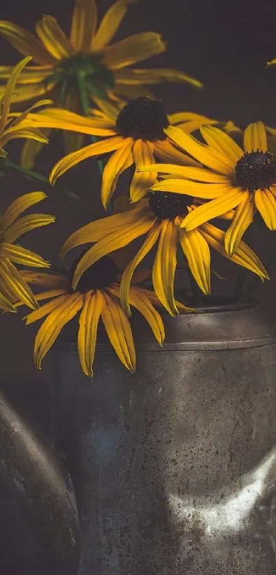 Yellow daisies in a rustic metal watering can wallpaper.