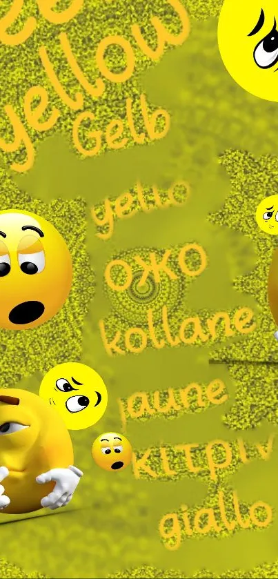 Yellow emoji wallpaper with multilingual word art and playful expressions.