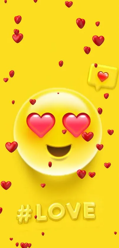 Cheerful yellow emoji with heart eyes on a vibrant love-themed wallpaper.